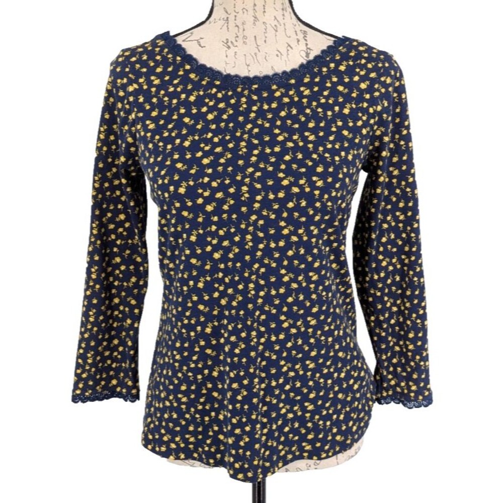 BODEN Blouse Top SIZE 6 Cotton Modal Navy Yellow Ditsy Floral Long Sleeves Boho